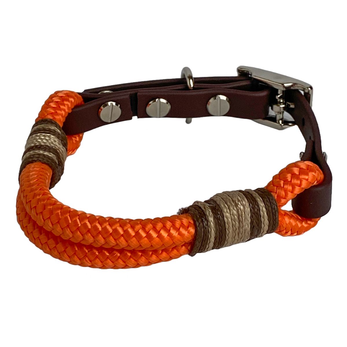 Handgemachtes Tauhalsband Pumpkin - orange mit brauner Takelung, Messingbeschlägen und Biothane-Verschluss für Hunde