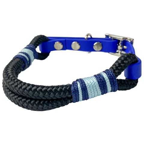 Black Ocean Tauhalsband für Hunde - verstellbar, handgemacht, schwarzes Tau mit blauen Details