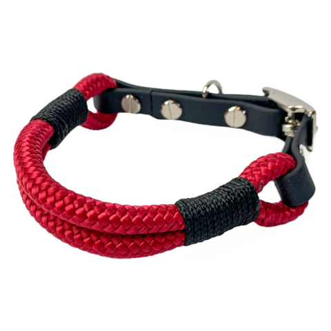 Rasberry Black Tauhalsband für Hunde - handgemacht, verstellbar, rotes Tau mit schwarzen Details