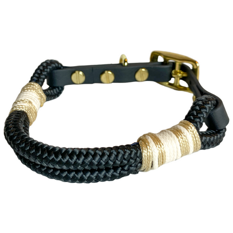 Shiny Gold Tauhalsband für Hunde - handgemacht, verstellbar, schwarzes Tau mit goldenen Details